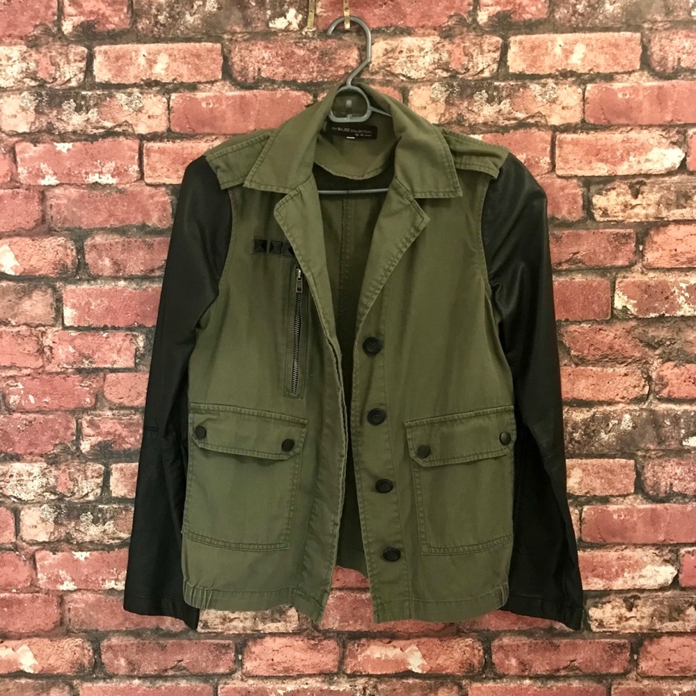 Army Green Jacket with Faux Leather Sleeves